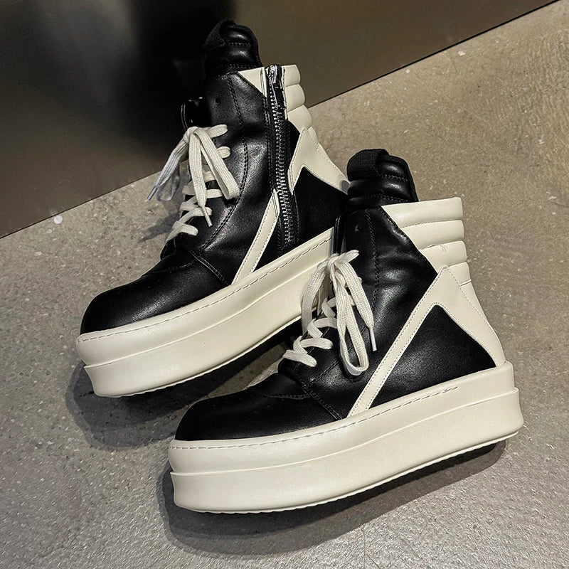 Men Black White High Top Board Shoes Side Zipper Height Increase Anti Slip Wear-resistant Comfortable Fashionable Boots