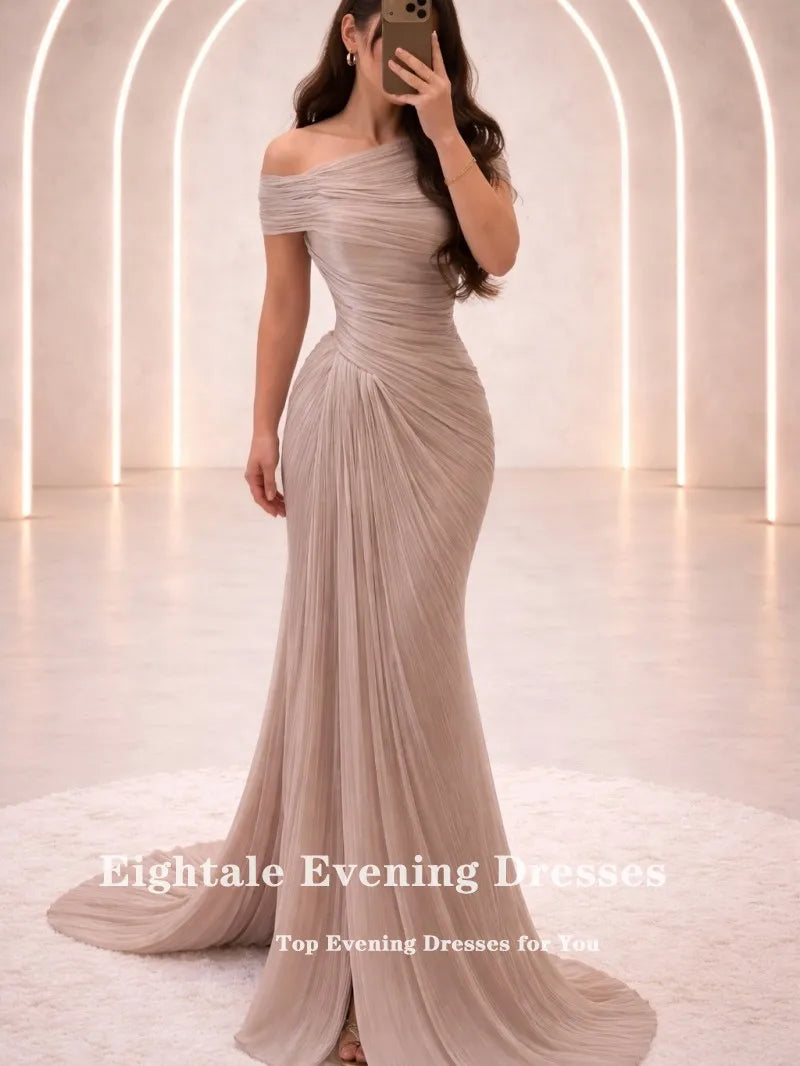 Eightale Evening Dresses One Shoulder Pleats Floor Length Customized Crepe Champagne Mermaid Prom Party Gown vestido de fiesta