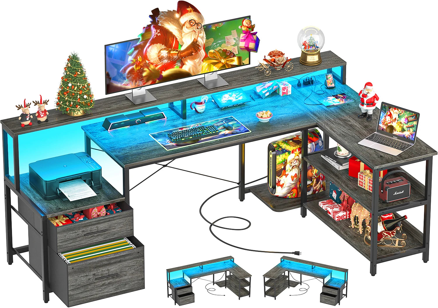 Aheaplus Reversible L Shaped Desk / Home Office Desk / Gaming Desk with File Drawer & Power Outlet & LED Strip - Kimlud