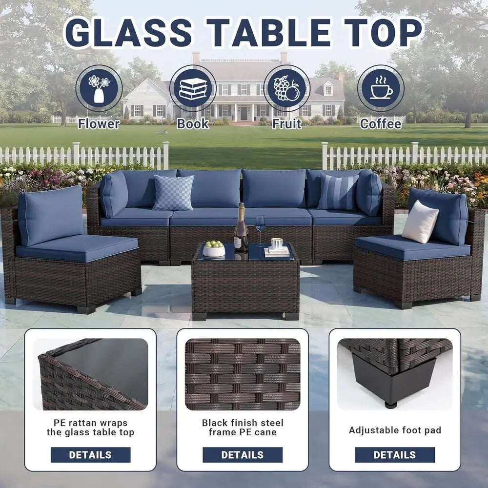 7-Piece Outdoor Patio Furniture Set, Rattan Wicker Sectional with Manual Weaving and Tea Table | Kimlud Outdoor Luxury Table