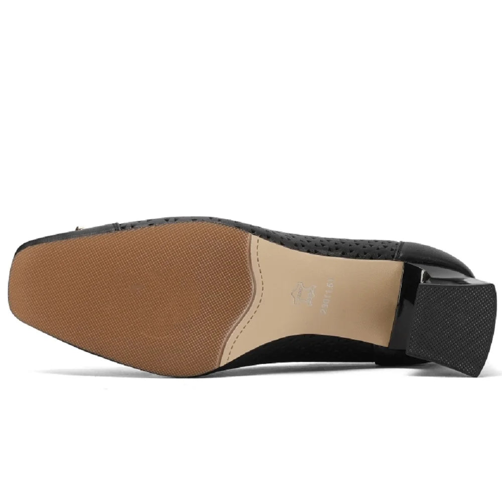 【JOCHEBED HU】New Fashion Hollow Out Women Pumps Square Toe Summer Shoes Chunky Heels Handmade Genuine Leather Shoes 33-43 - Kimlud
