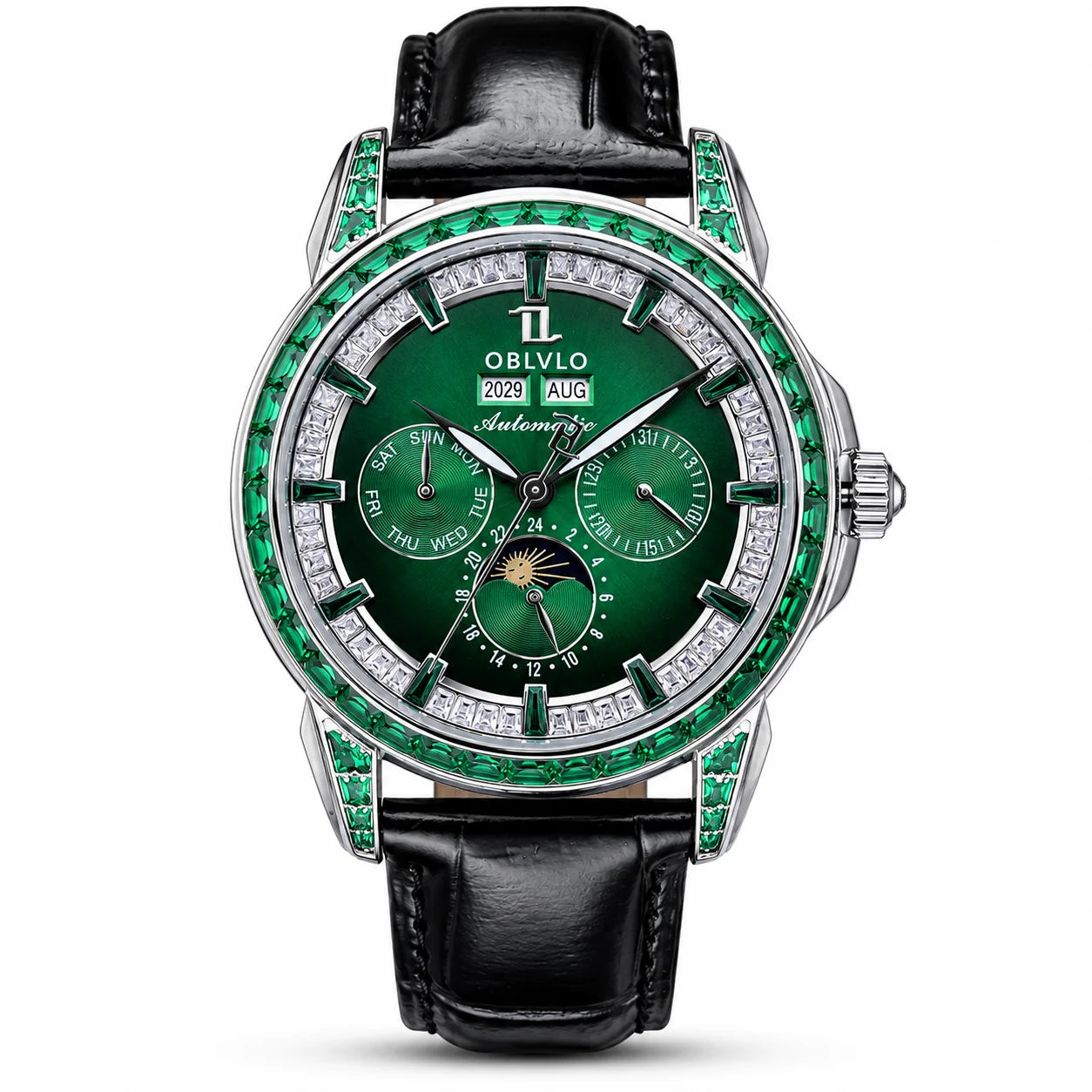 OBLVLO Men's Classic Watch with Colorful Diamonds Bezel Red Dial Mechanical Automatic Moonphase Multifunction Leather Strap GCM-MUT
