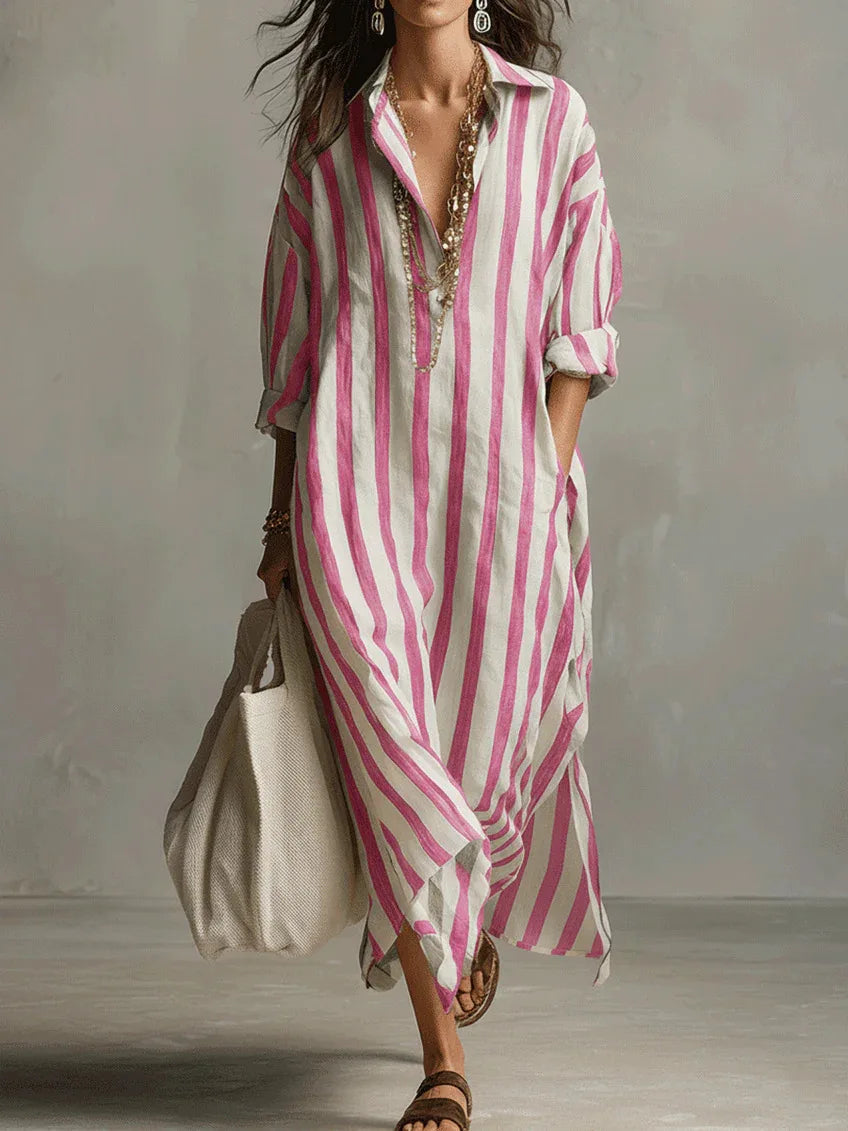 2026Spring Summer Casual Elegant Turn Down Collar Breathable Dress For Women Party Dress Boho Striped Printed Loose Beach - Kimlud