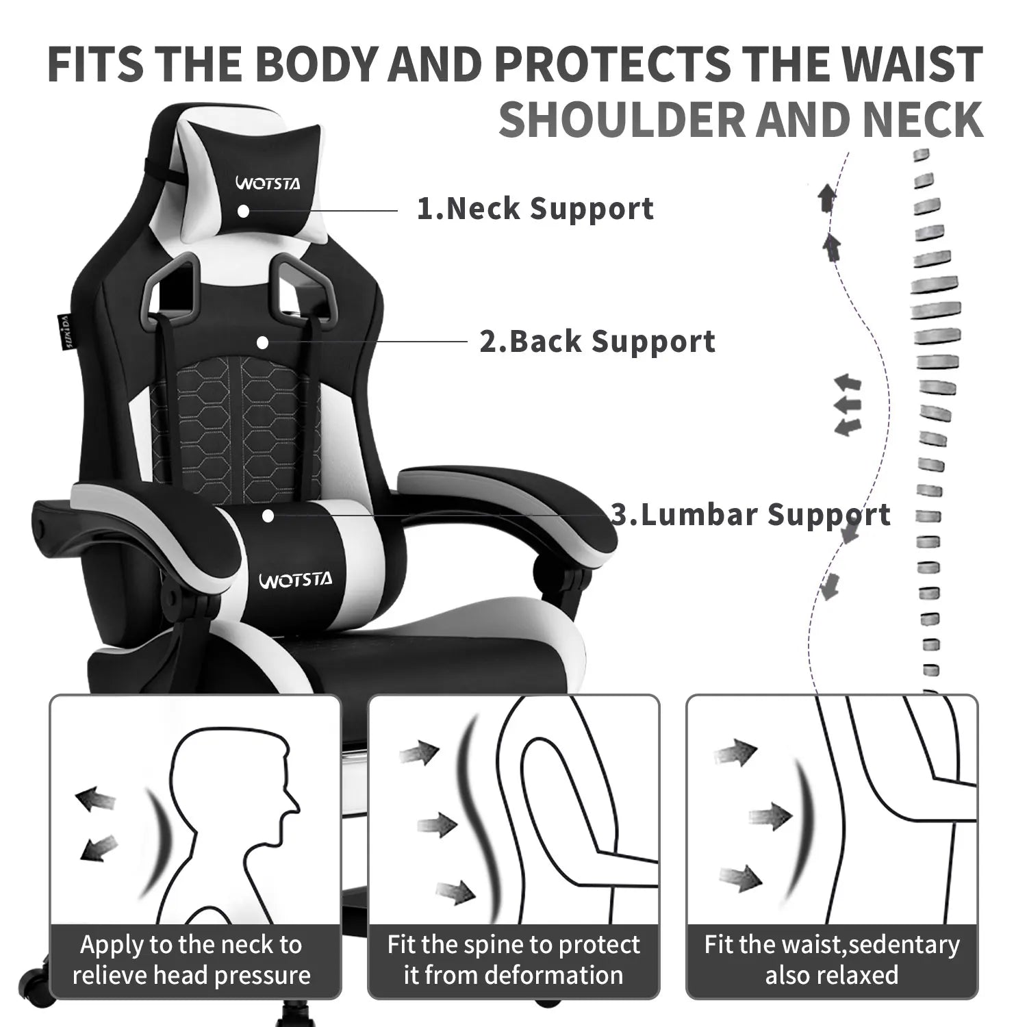 WOTSTA Gaming Chair with Footrest, Lumbar Support, Adjustable Height, Swivel Seat, Headrest ,For Office or Gaming