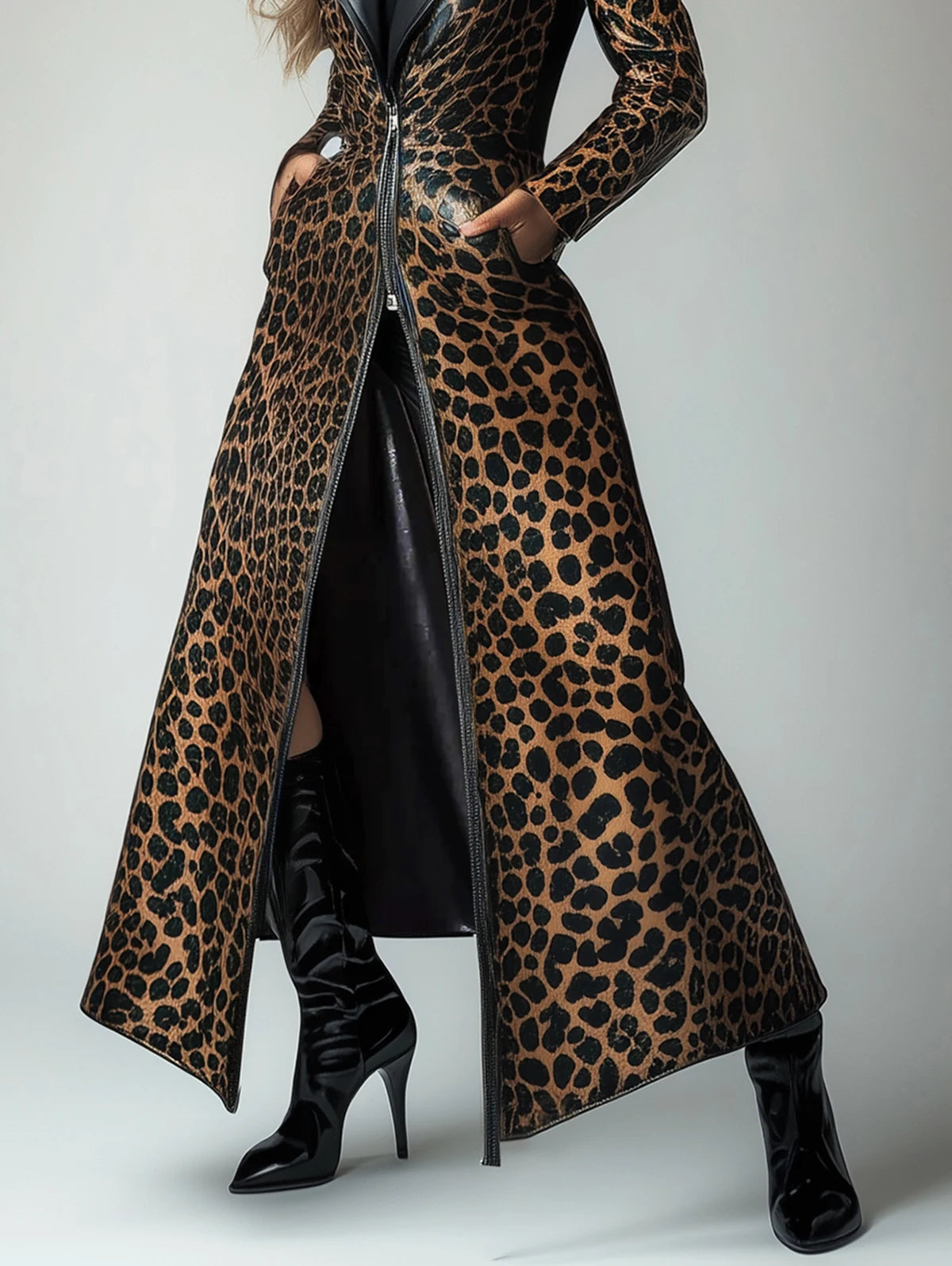 PU Leather Leopard Pattern Zipper Pocket Trench Coat