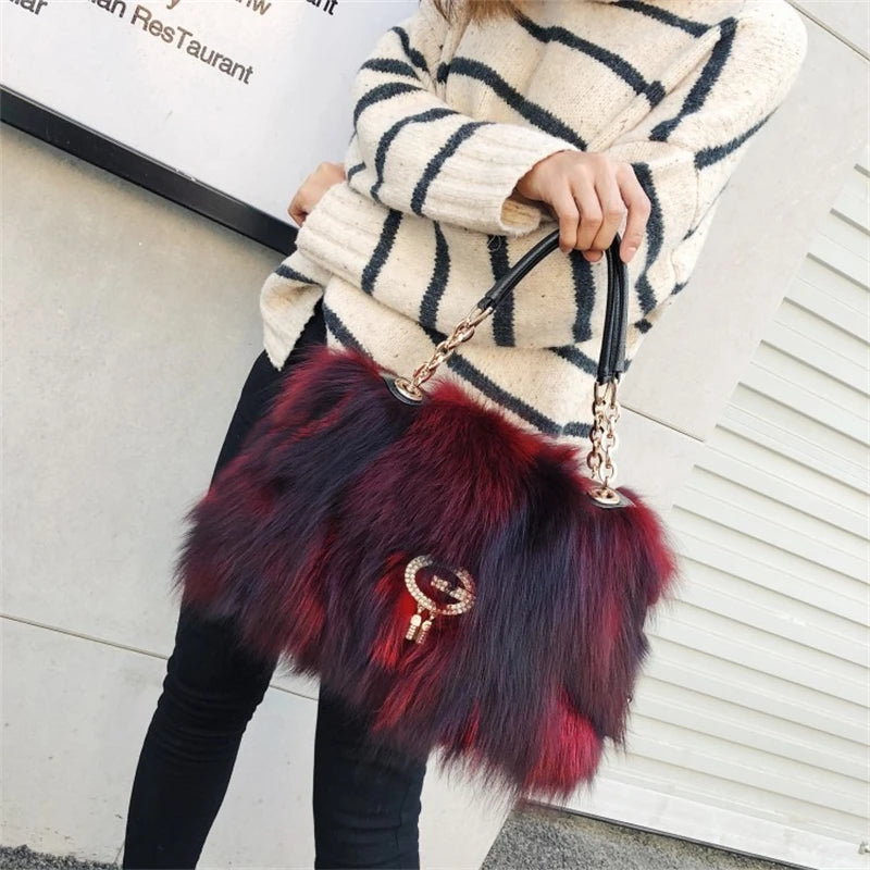 Fox Fur Women's Bag Fashion Large Capacity Furry Women's Handbag Designer Luxury Bag Handheld Crossbody High End Furry Bags Big
