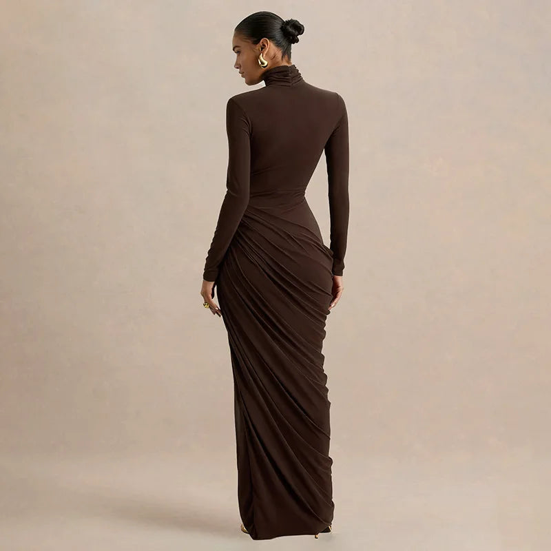 Slim Fit High Neck Pleated Dress with Slit Elegant Lady's Long Sleeve Dress Thick Material High Waist Bodycon Gown for Women - Kimlud