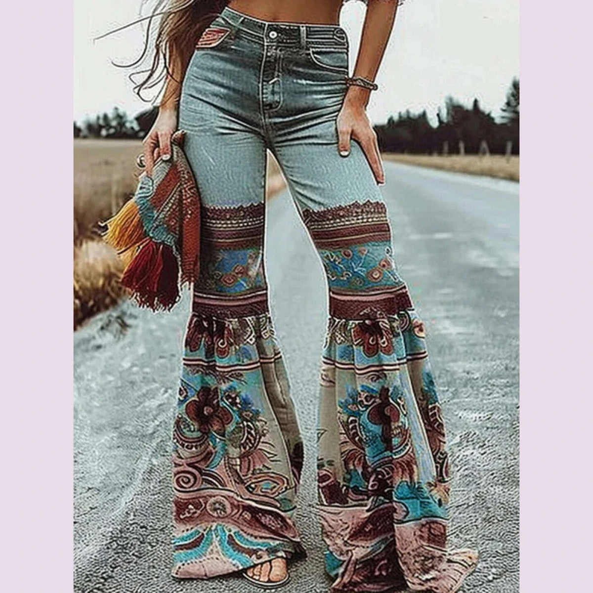 Womens Jeans Pants Autumn Winter Blue Vintage Floral Printed Bottoms with Pockets Woman High-Waisted Flared Denim Pants