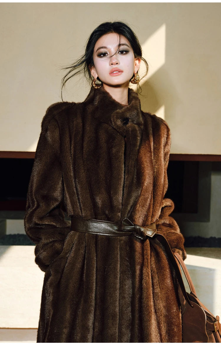 Lautaro Spring Winter Long Soft Thick Warm Brown Faux Mink Fur Coat Women Luxury High Quality Elegant Chic Fluffy Overcoat 2025