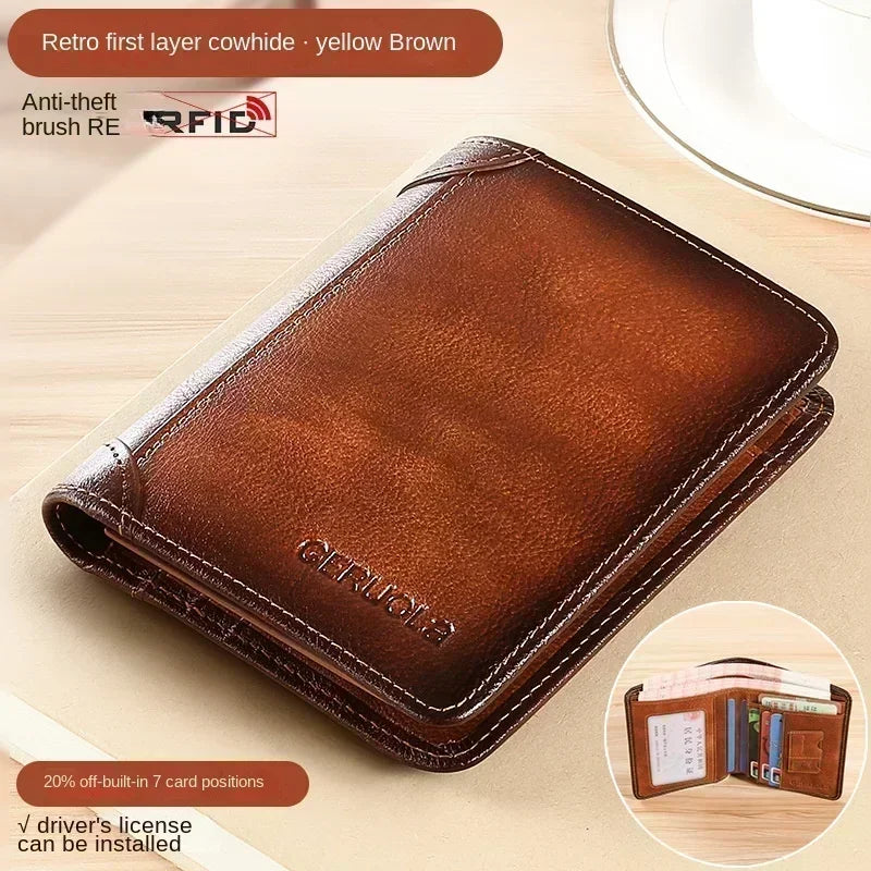 Men Wallet Genuine Leather Rfid Blocking Trifold Wallet Vintage Thin Short Multi Function ID Credit Card Holder Male Purse Money