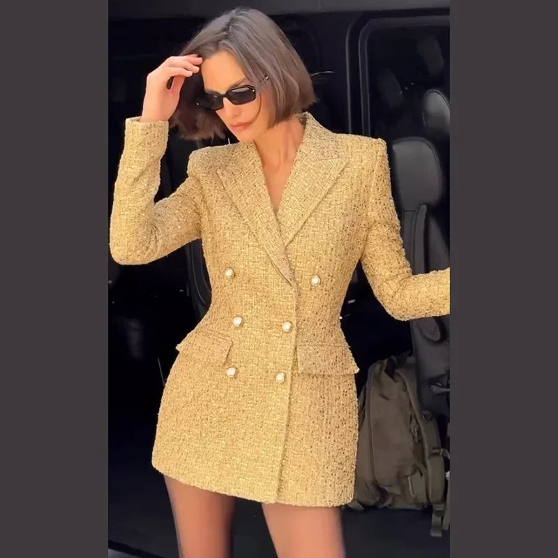 Elegant Paillettes Blazer Coat Women Lapel Doube-breasted Fake Pocket Slim Jackets Lady 2025 Autumn Winter Streewear Female New