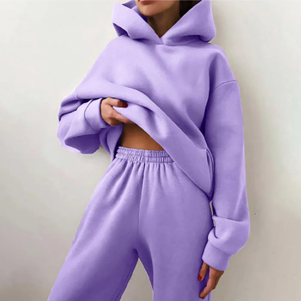 2 Pieces Set Women New Fashion Leisure Autumn Winter Pure Color Fleece Hooded two-piece Sports Suits Dropshipping LKX21660