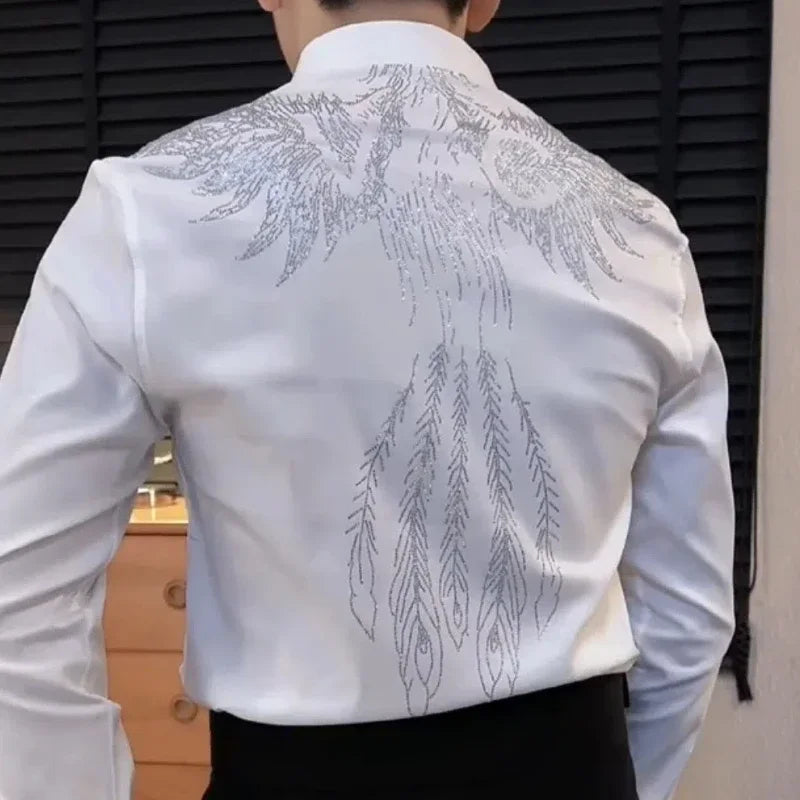 Spring Autumn Y2K Solid Diamond Shirts Men's Clothing Long Sleeve Loose Polo Neck Blouse All Match Fashion Cardigan Print Tops - Kimlud