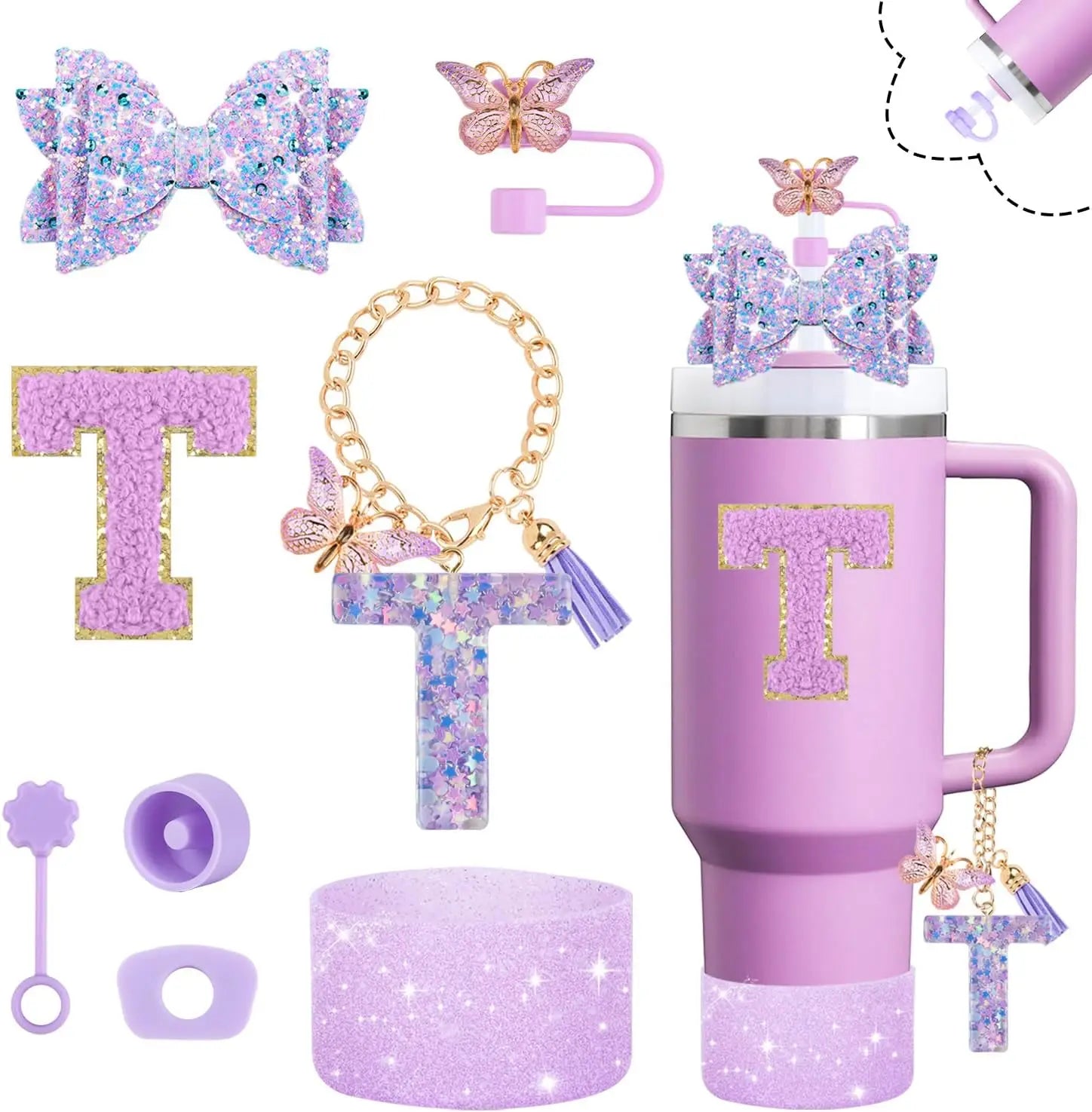 8pcs Cup Accessories Set for Stanley Cup 30oz 40oz tumbler Straw Topper Cover, Boot, Spill Proof Stoppers, Handle Charms Sticker