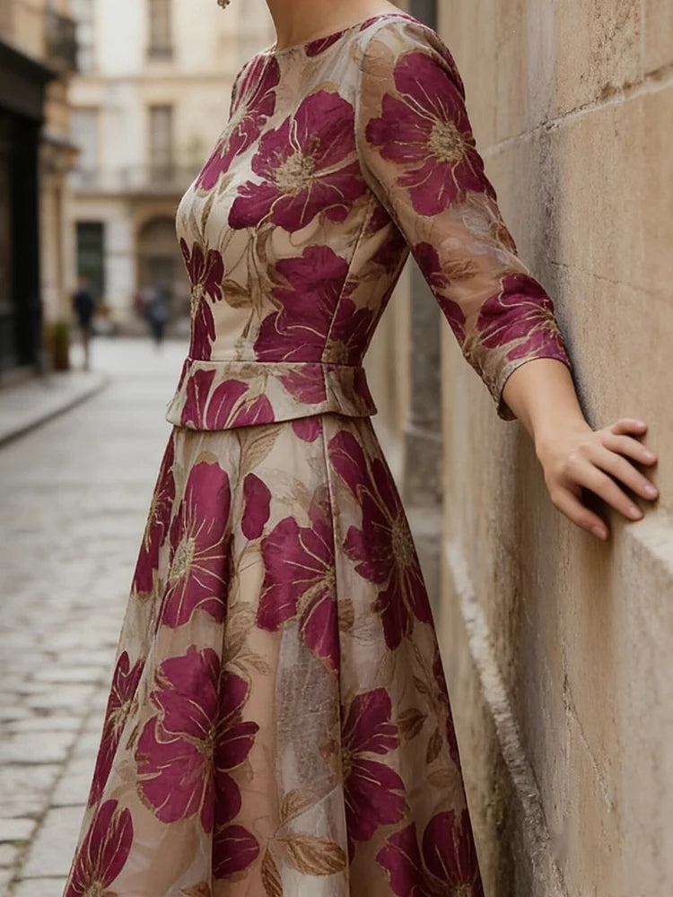 Vintage O-neck Pattern Printed Half Sleeve Dress Summer Elegant High Waist A-line Maxi Dress Temperament Banquet Spliced...