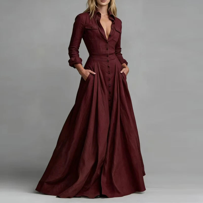 Casual Turn-down Collar Button Maxi Dress Woman Elegant Solid High Waist Swing Long Dresses Autumn Long Sleeve Pocket Boho Dress - Kimlud