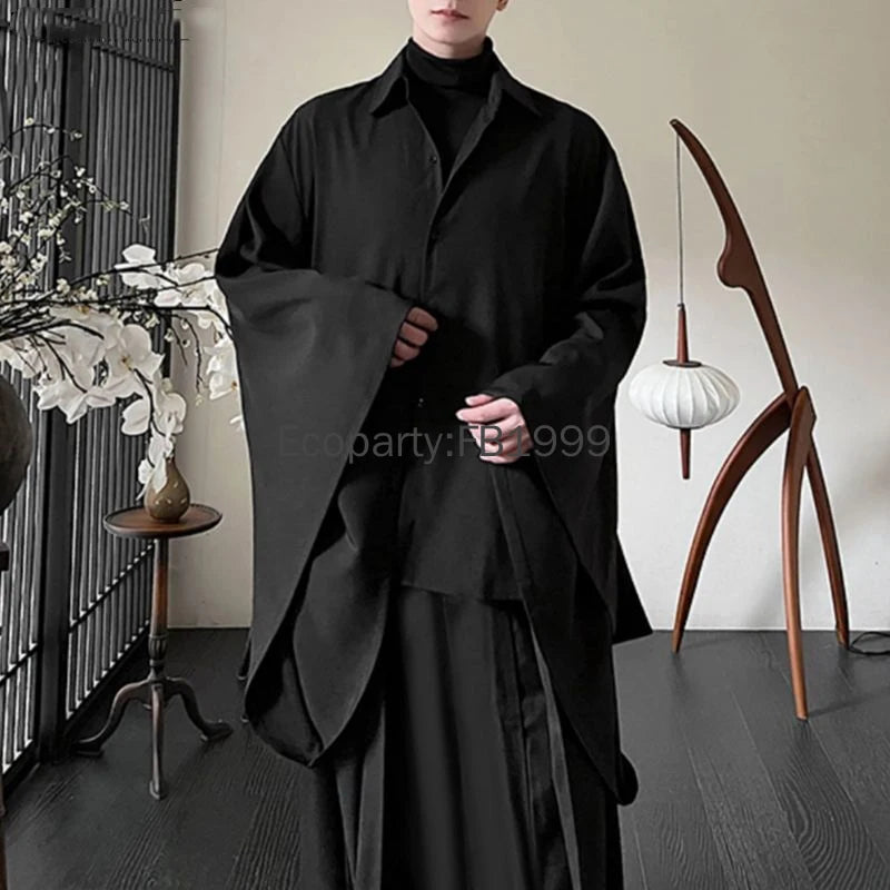 Men Chinese Style Hanfu Shirts Black Lapel Flare Long Sleeve Gothic Blouse Male Vintage Loose Leisure Shirts Harajuku Streetwear
