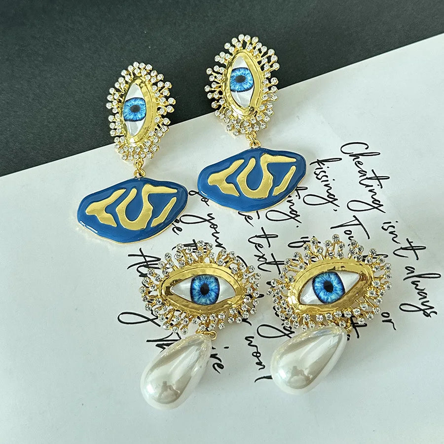 Fashion Pendant Earrings New Retro Surreal Art Abstract Unique Personality Evil Eye Shiny Crystal Earrings Exaggerated Jewelry