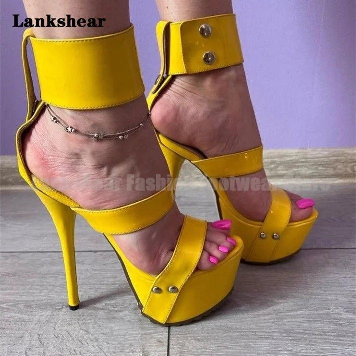 Platform Yellow Patent Leather Women Sandals Sexy Luxury High Heels Summer Designer Women Shoes Elegant Chic Sandalias...