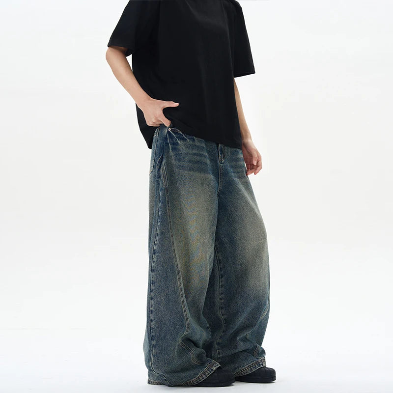 2025 Spring New Men's Jeans Oversized Wide Leg Pants Loose Vintage Patchwork Lightning Cracked Denim Trousers Streetwear Male