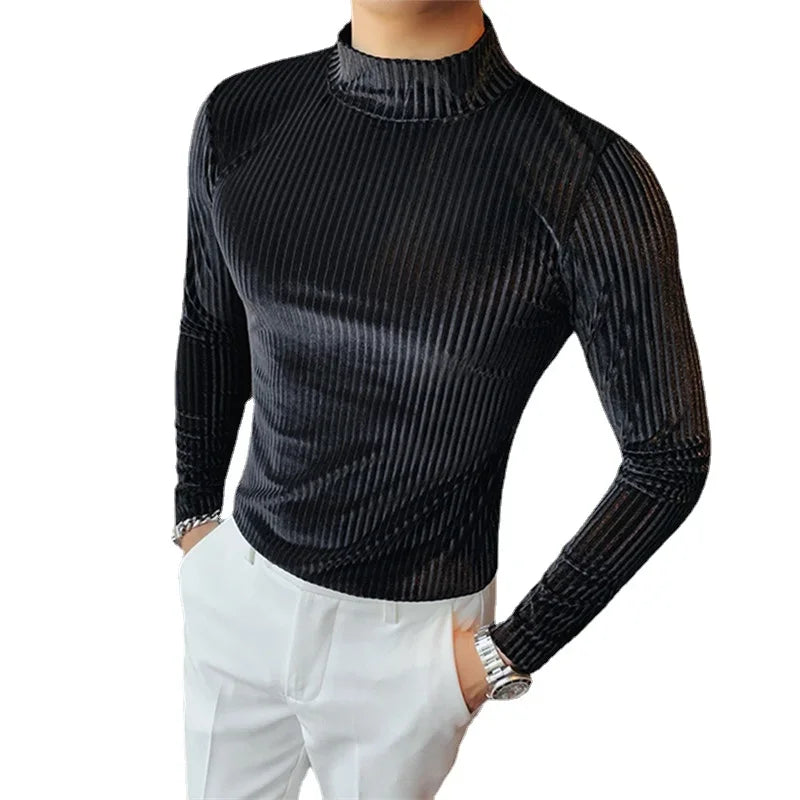 New Gold Velvet T Shirt Men Clothing Fashion Trend Male Luxury Prom Party Long-sleeved Striped Pullover Tops Homme - Kimlud