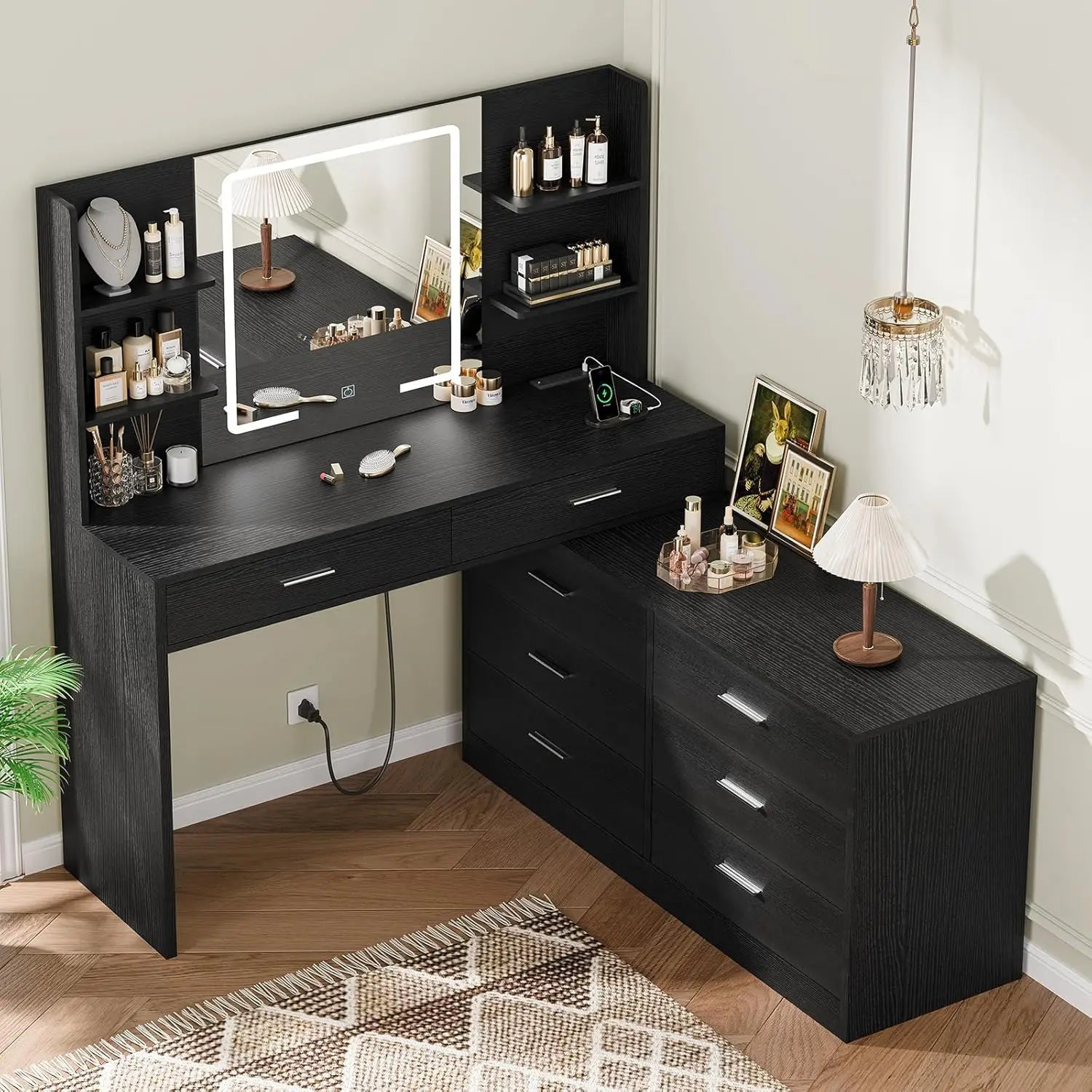 65.9" Vanity Desk with LED Lighted Mirror & Power Outlet, Modern Corner Makeup Vanity Table, Dressing Table for Bedroom