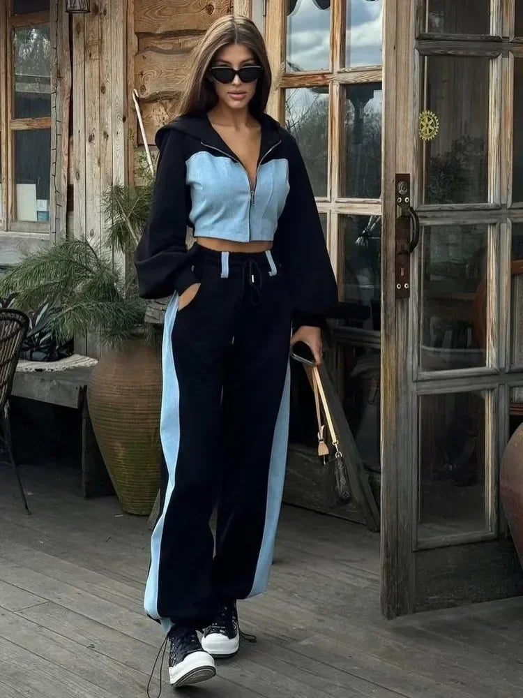 Zekye Autumn Spring Summer Hoodies 2 Piece Sets Long Sleeve Zipper Women's Tracksuit New Crop Tops Wide Leg Sport Pants...