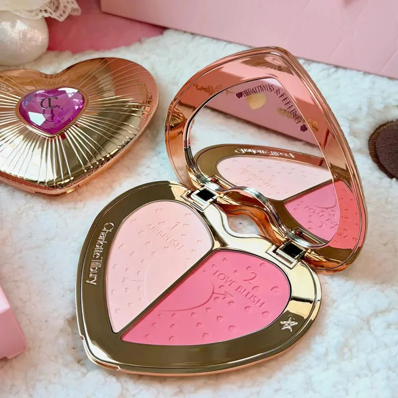 Charlotte 4 Colors Pink Diamond Heart-Shaped Lipstick Luminous Lip Glow and Two Color Heart Shape Powder Blusher Tilbury Makeup