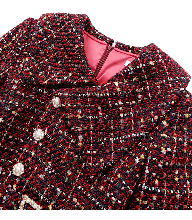 Elegant Retro Tweed Asymmetric Large Lapel Slimming Dress Women's Autumn Winter High-Grade Long Sleeve Mid-length Dress...