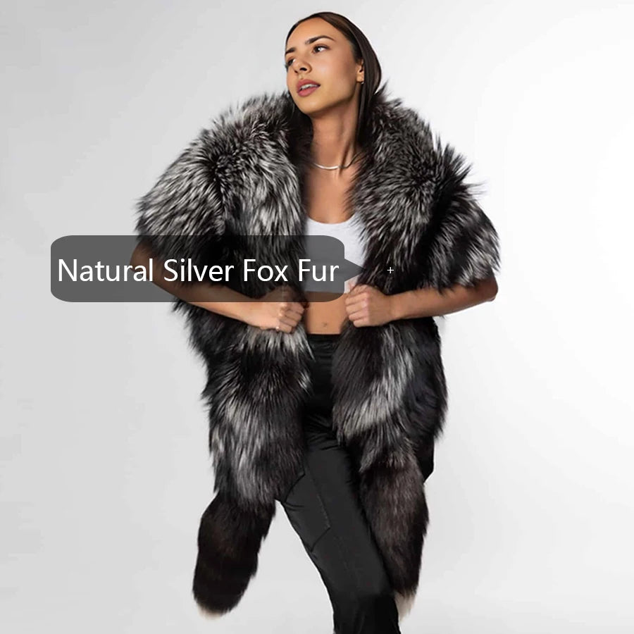 Real Silver Fox Fur Coat For Women Real Long Fox Fur Cape With Tails Real Fox Fur Shawl Best Selling Natural Fur Jacket