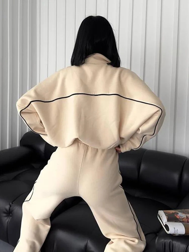 Zekye Women's Clothing Long-sleeved Semi-turtleneck Cardigan Sweater Strappy Striped Trousers Women's Suit Collection 2025 - Kimlud