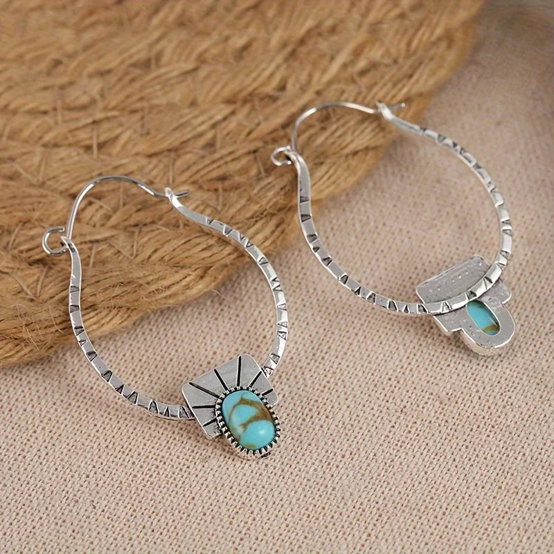 Boho-Chic Hoop Earrings - Silvery Plated, Synthetic Gemstone Inlay, Zinc Alloy - Perfect for Casual Attire & Gifting |...