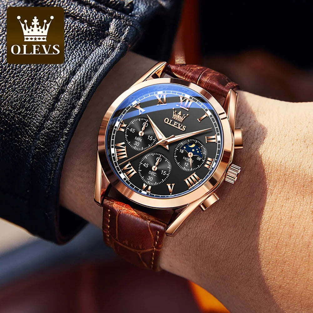 OLEVS 2871 Men Watch Original Brand Quartz Watch Multifunctional Chronograph Watch For Man Waterproof Luminous Moon Phase Watch - Kimlud