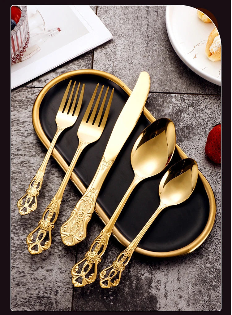 Golden Stainless Steel Cutlery Set Royal European Spoon Fork Complete Tableware Retro Design Dishwasher Safe Elegant...