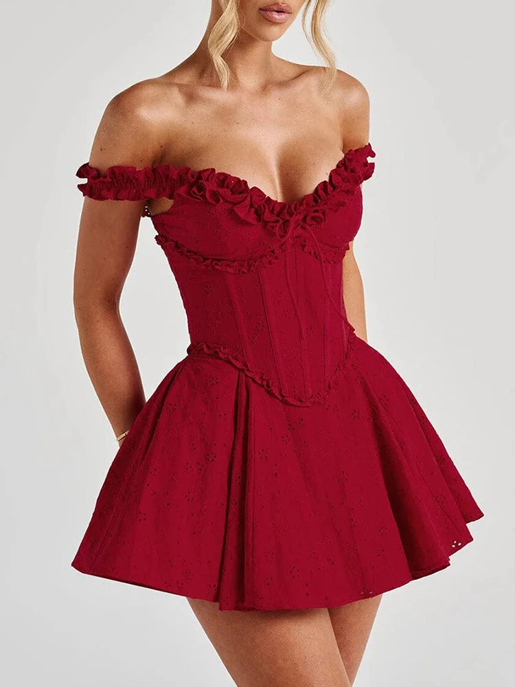 VC Trendy Red Off-Shoulder V Neck Mini Ruffled Dress with Corset Top for Festival & Event Favorite Gown