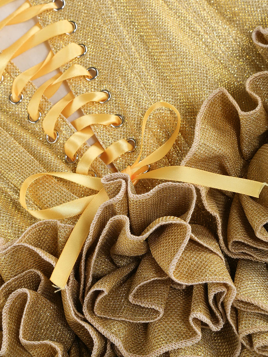 Stereoscopic Flowers Back Laceing Strapless Solid Bandage Mini Evening Dress Sweet Woman Birthday Party Patchwork Lace Up Dress