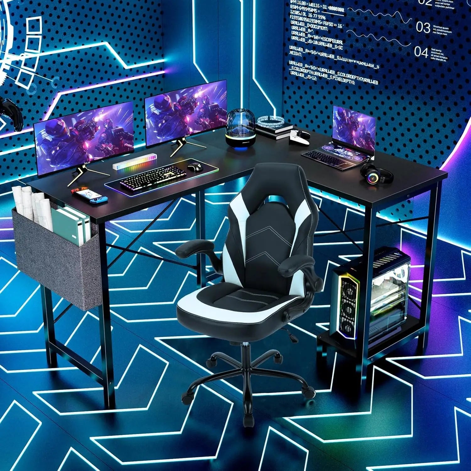 L-Shaped Gaming Desk with CPU Stand and Side Bag, Black, 50-Inch for Home Office or Dorm
