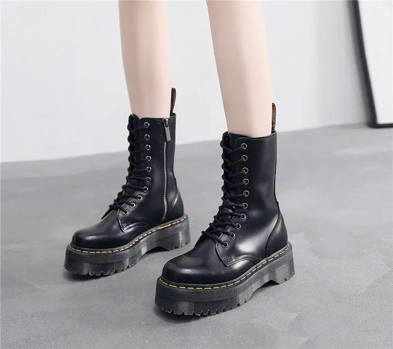 Women's Motorcycle Boots 10 Holes Thick Bottom Side Zipper British Style Long Booties Flatform Work Boots round Toe Mid Heel