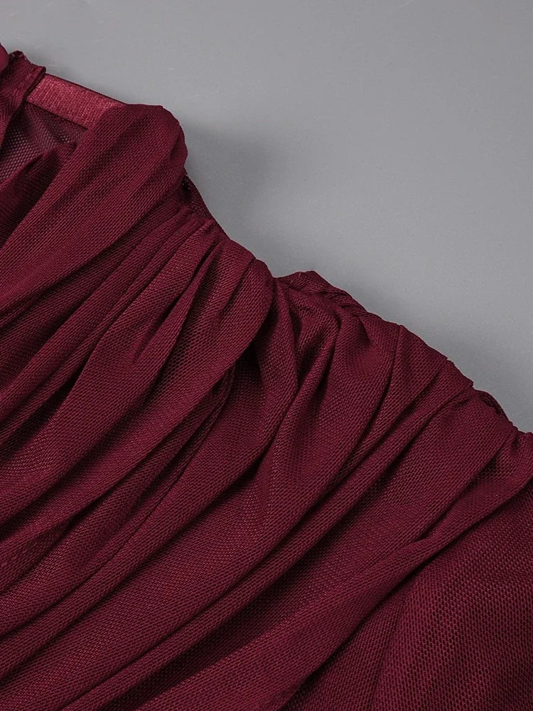 Sexy Long Sleeve O Neck Pleated Draped Long Dress Women Burgundy Mesh Patchwork Folds Slim Runway Celebrity Evening...
