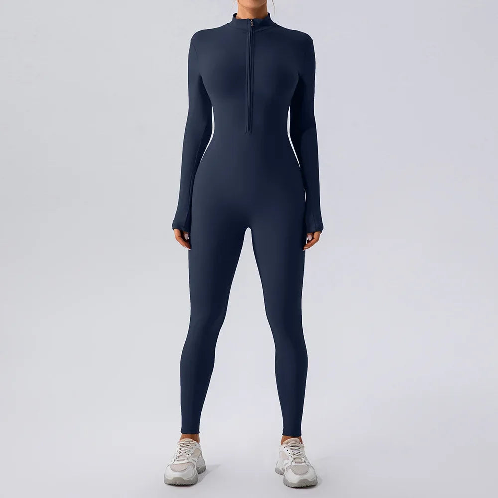 Yoga Jumpsuit Women Seamless Sports Zipper Jumpsuit Set Gym Long Sleeve Fitness Suit Elastic Gym Workout Bodysuit Athletic Wear - Kimlud