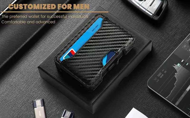 Minimalist Mens Wallet with Money Clip, Aluminum Pop Up Card Case and Leather Slots Credit Card Holder RFID Blocking Wallet