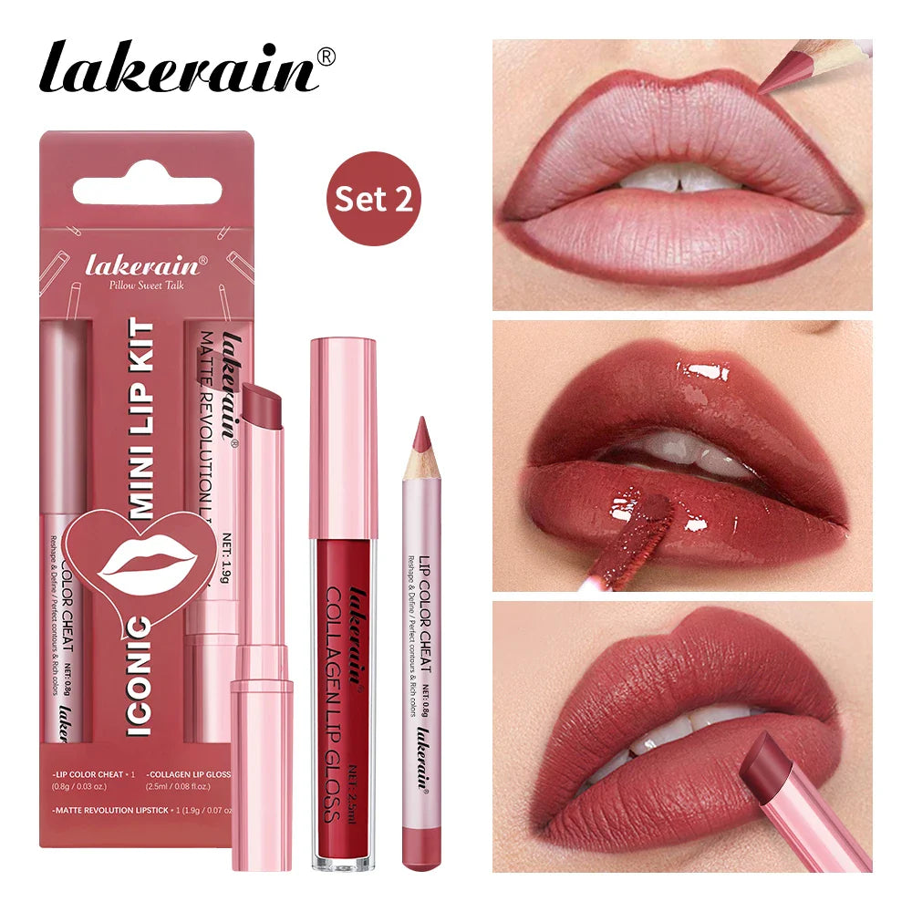 lakerain 3pcs mini matte lipstick+lip gloss+lip liner set precise outline three-dimensional lip plumping lipstick set