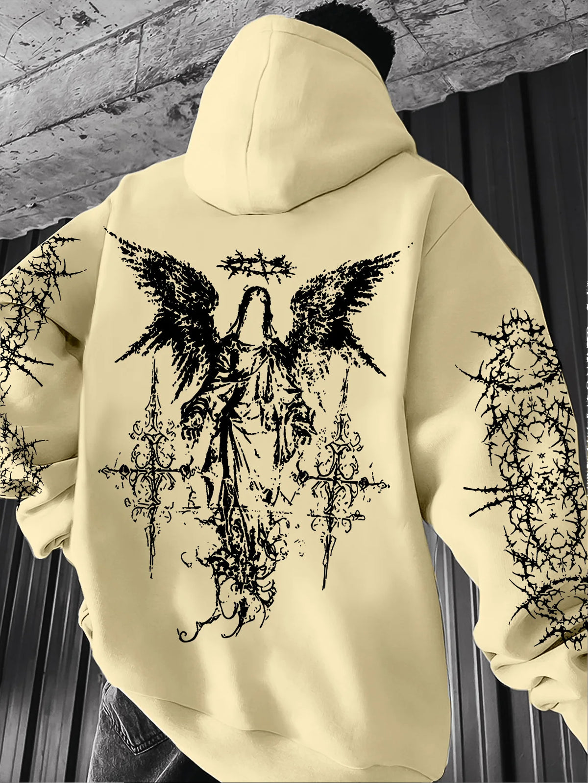 Men's Angel-themed graffiti thorn print streetwear hip-hop punk style hooded sweatshirt regular fit version sweatshirt hoodie