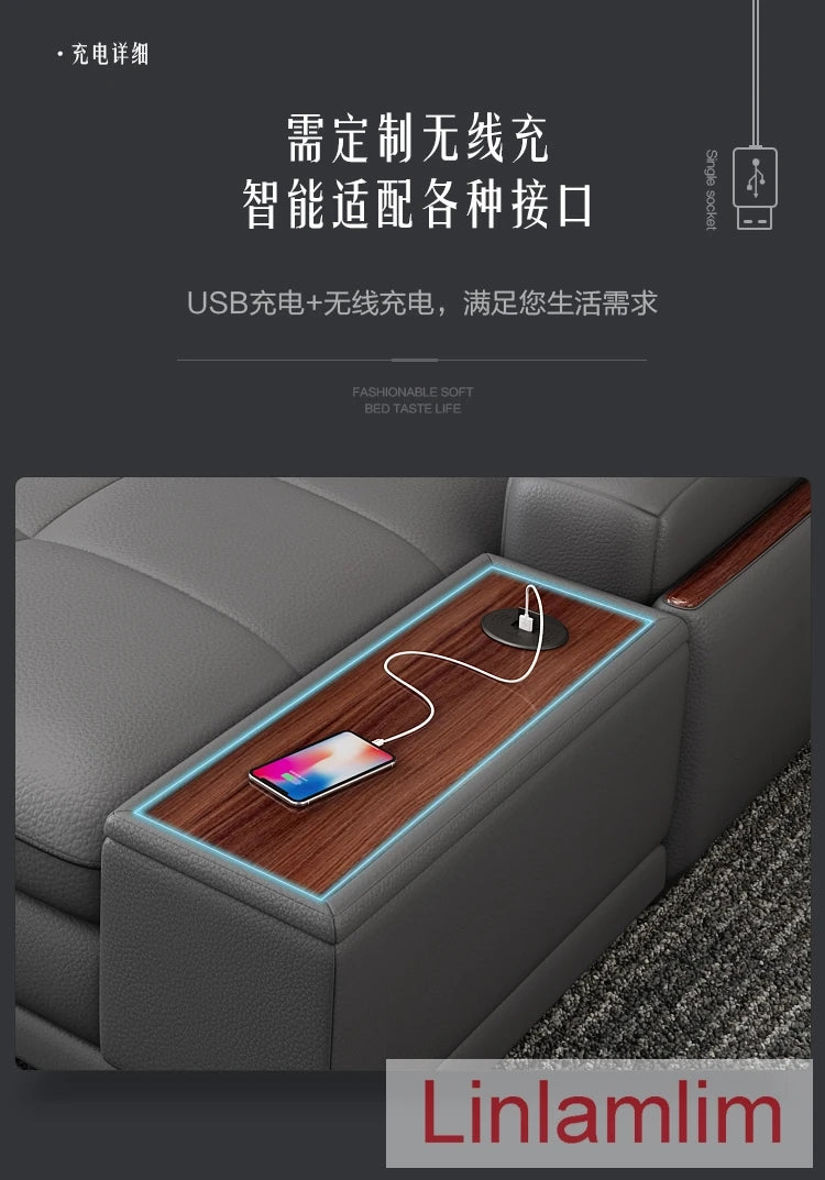 Beautify Your Living Room with Linlamlim Italian Genuine Leather Sofa - Bluetooth Speaker, Adjustable Headrests and USB...