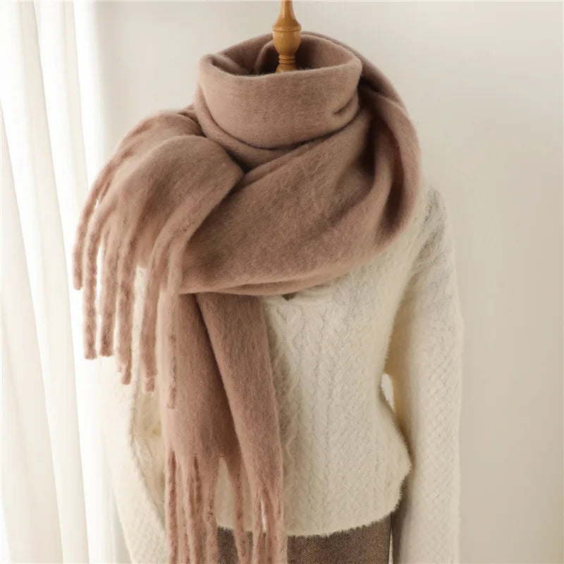 2025 Women Scarf Winter Warm Thick Shawl Wraps Fashion Solid Color Pashmina Scarves Long Tassel Hijab Stoles Bufanda Cashmere - Kimlud
