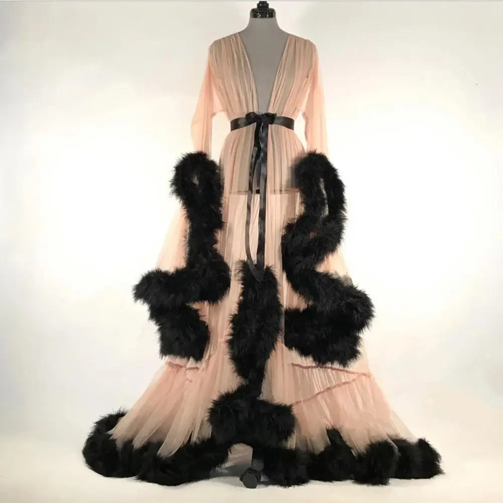 Wedding Night Mesh Dress Fluffy Trim A-line Mesh Dress Translucent Lace-up Bow Waist Seductive Bathrobe Cocktail Party Dresses