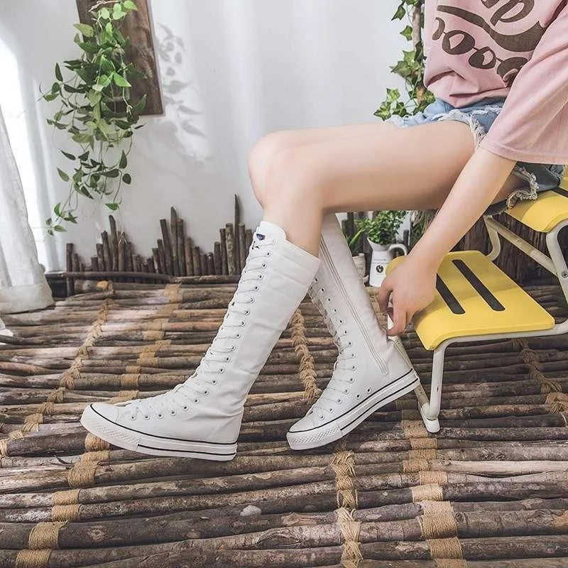 2025 New High Top Canvas Shoes for Women's Korean Edition Long Boot Lace-Up Zipper Comfortable Boot Zapatos De Mujer Tendencia