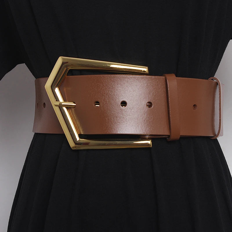 Women's Runway Fashion Gold Buckle Genuine Leather Cummerbunds Female Dress Corsets Waistband Belts Decoration Wide Belt R1108