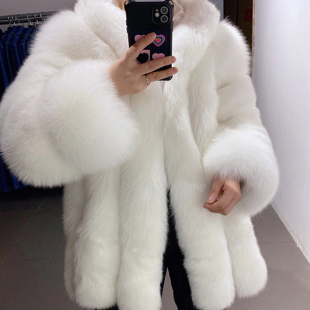 YOLOAgain Hooded Real Fox Fur Jacket Women 2025 Winter Warm Natural Fox Fur Coat Female