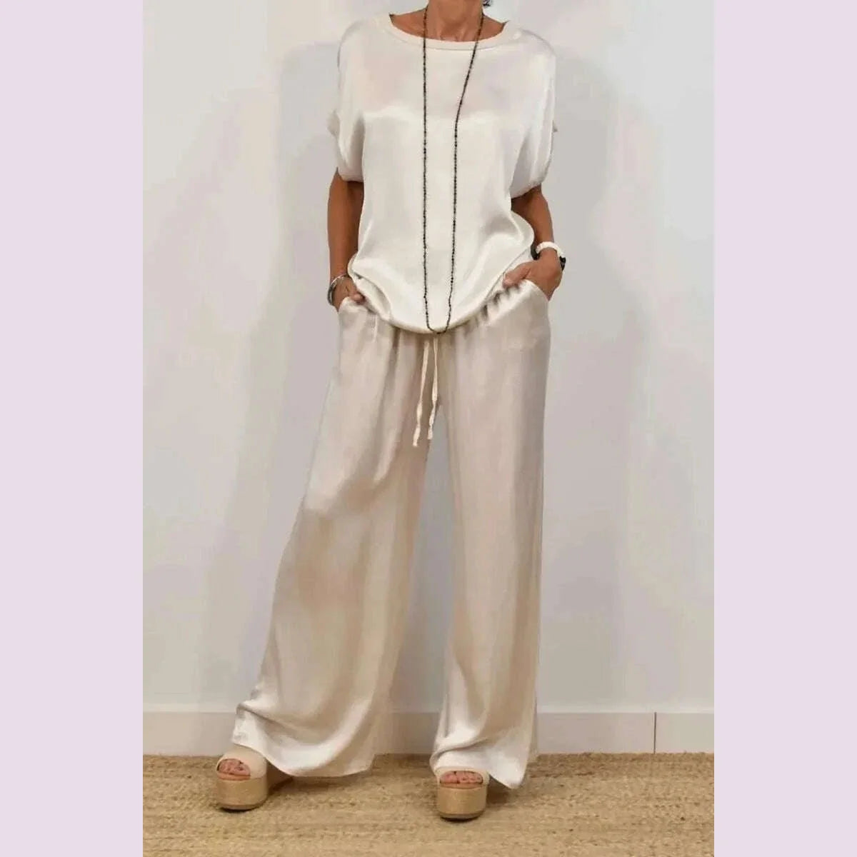 2025 Spring Satin Oversize Women Suit Black V-neck Tops Long Pants Loose Suits Female Summer Casual Trendy Ladies Clothes Sets